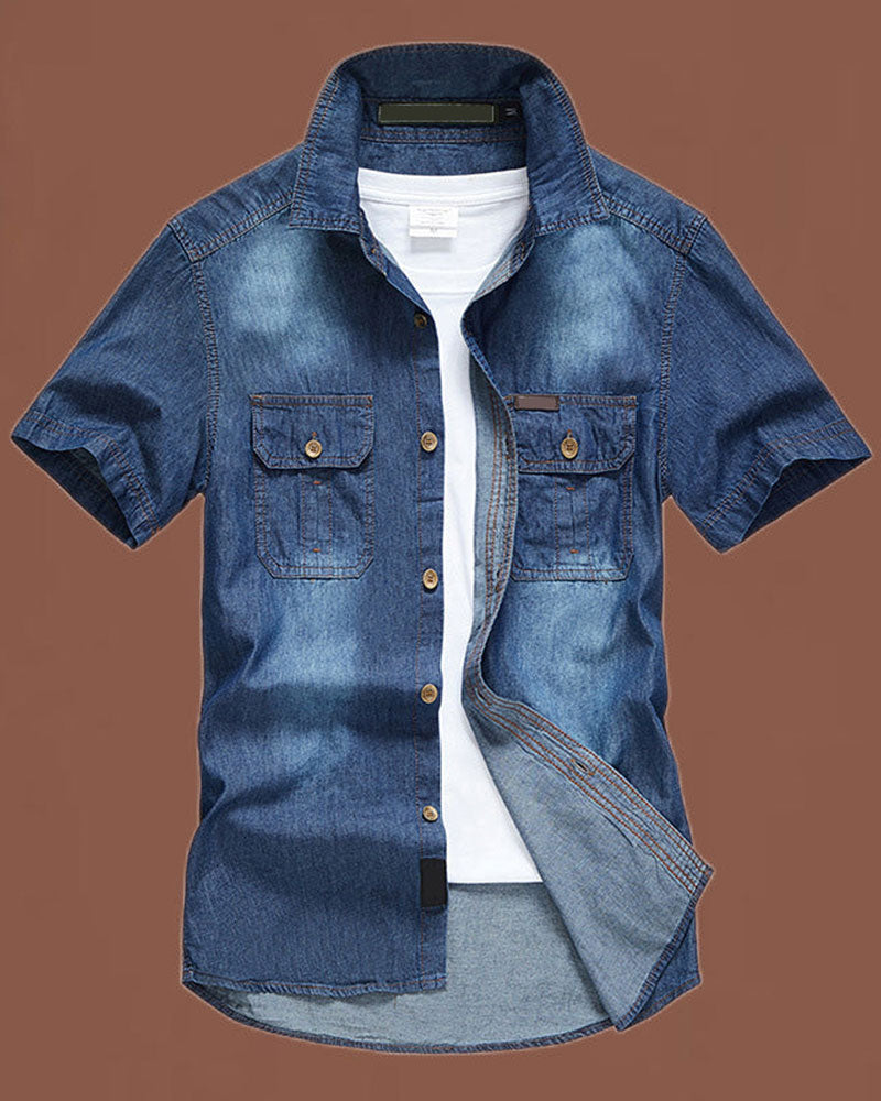 Denimskjorte med korte ærmer til mænd
