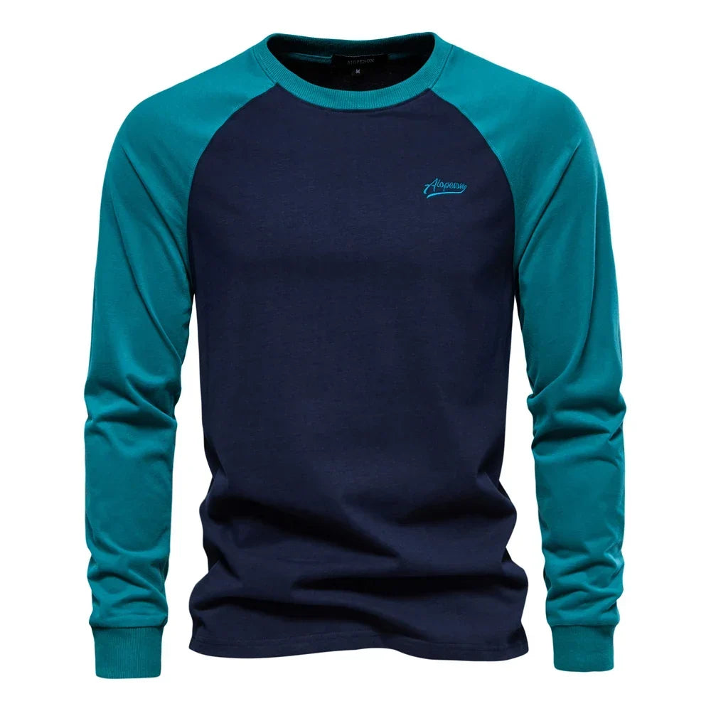 Gio Rota Men’s Long Sleeve Patchwork T-Shirt – Cotton O-Neck Casual Tee