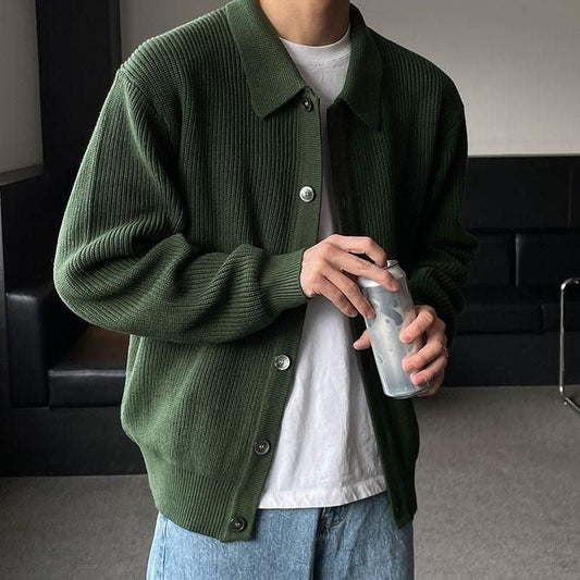 Ribbed Collar Button Front Cardigan