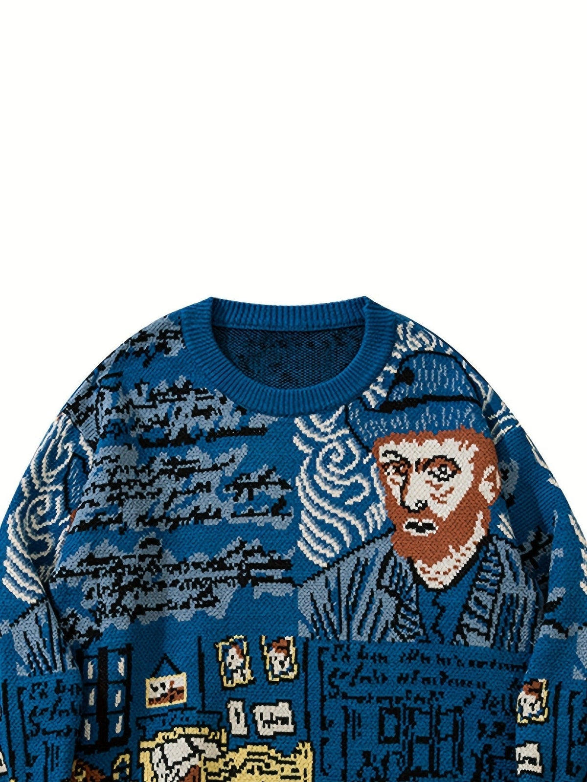 Pullover med rund hals og jacquardportrætmotiv