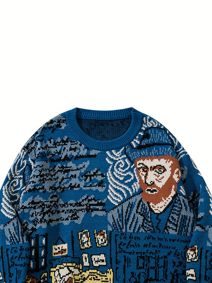 Pullover med rund hals og jacquardportrætmotiv