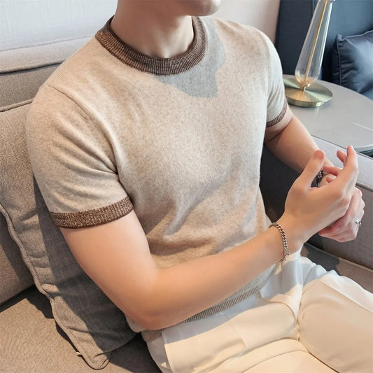 Åndbar strikket T-shirt til mænd i lyocell og hør med rund hals