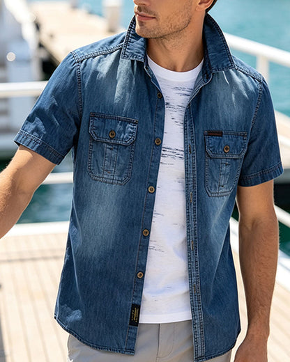Denimskjorte med korte ærmer til mænd