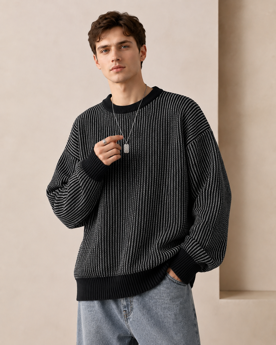 Textured Stripe Crewneck Sweater