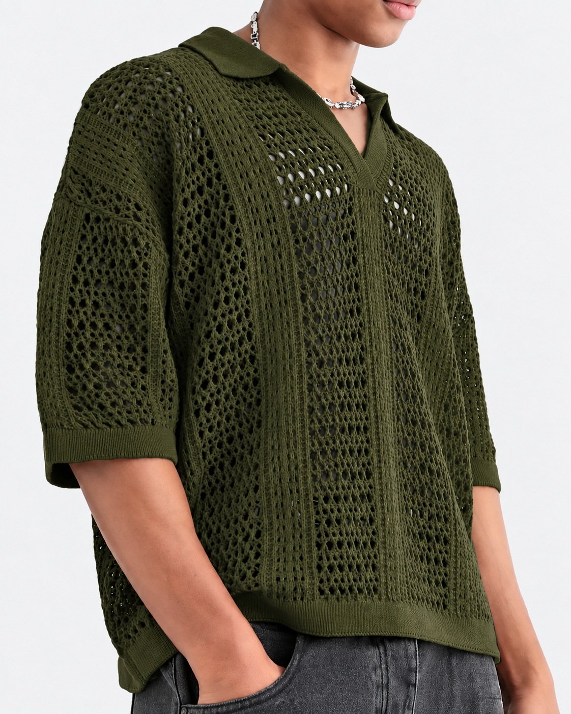 Open-Knit Lattice Polo Shirt