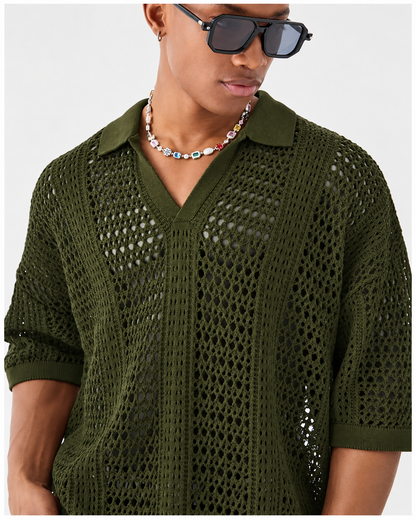 Open-Knit Lattice Polo Shirt