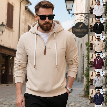 Felpa con cappuccio da uomo in morbido pile, con mezza zip e cerniera in pelle