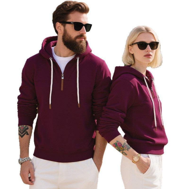 Felpa con cappuccio da uomo in morbido pile, con mezza zip e cerniera in pelle