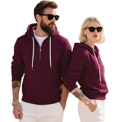 Felpa con cappuccio da uomo in morbido pile, con mezza zip e cerniera in pelle