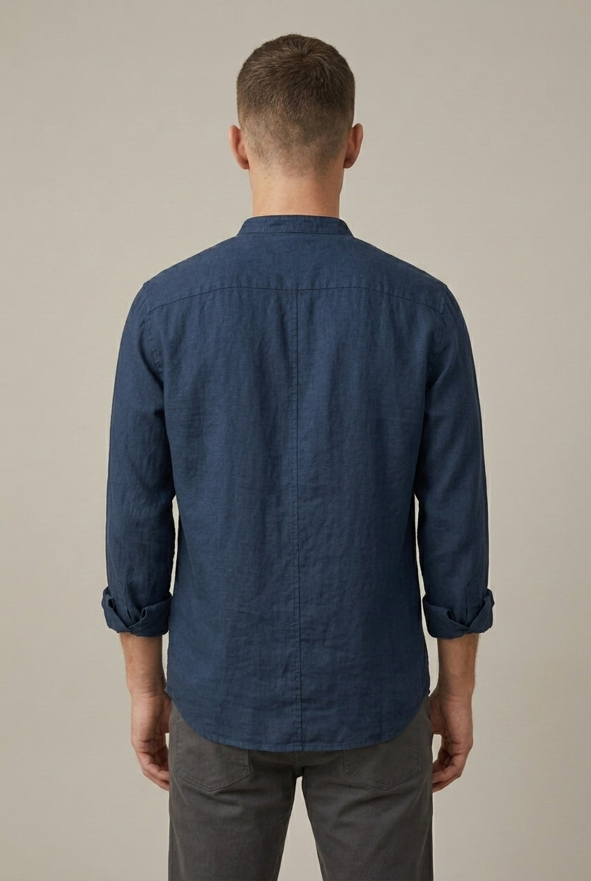 Chemise à manches longues en mélange de lin pour homme, col officier
