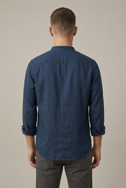 Chemise à manches longues en mélange de lin pour homme, col officier