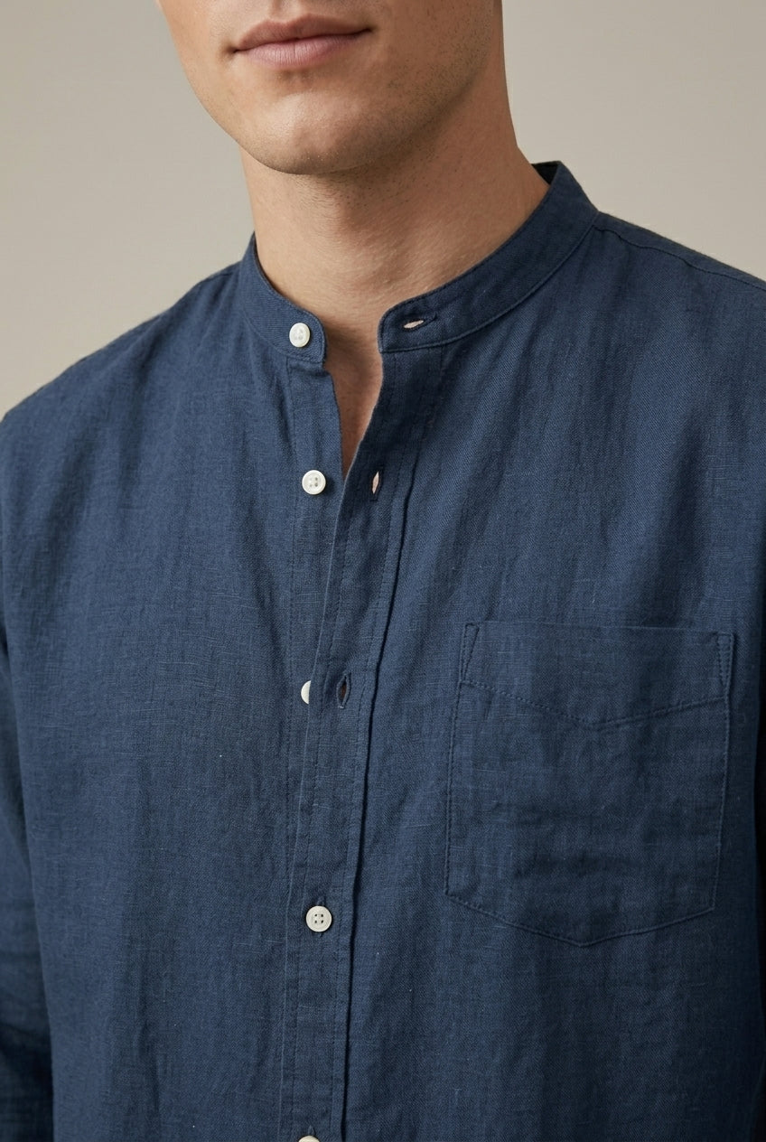 Chemise à manches longues en mélange de lin pour homme, col officier