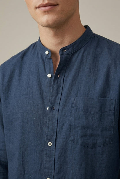 Chemise à manches longues en mélange de lin pour homme, col officier