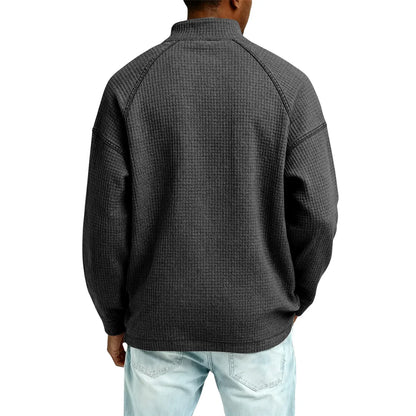 Men Waffle Knit Quarter Zip Pullover Loose Fit Casual Top