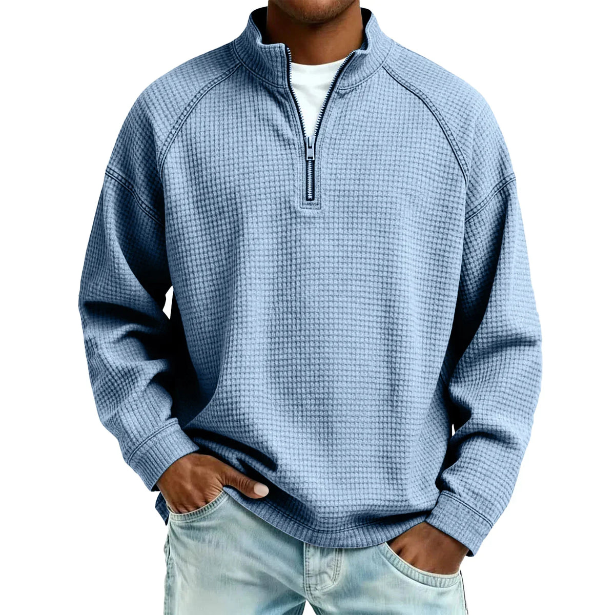 Men Waffle Knit Quarter Zip Pullover Loose Fit Casual Top
