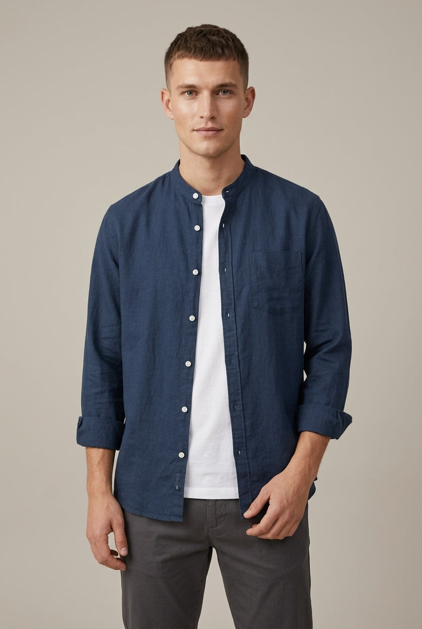 Chemise à manches longues en mélange de lin pour homme, col officier