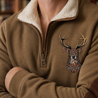 Quarter Zip Knit Sweater With Deer Motif