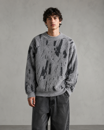 Men's Abstract Knit Sweater With Fuzzy Relaxed Fit