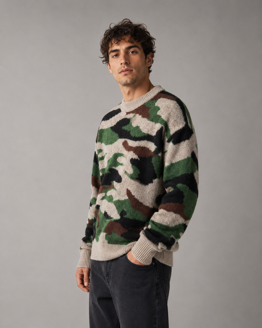 Sweater til mænd i camouflagestrik med rund hals
