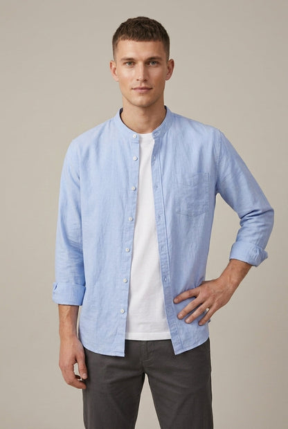 Chemise à manches longues en mélange de lin pour homme, col officier
