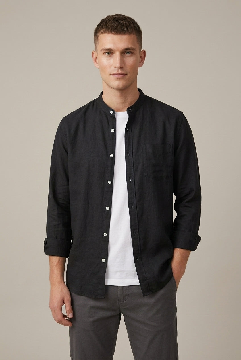 Chemise à manches longues en mélange de lin pour homme, col officier