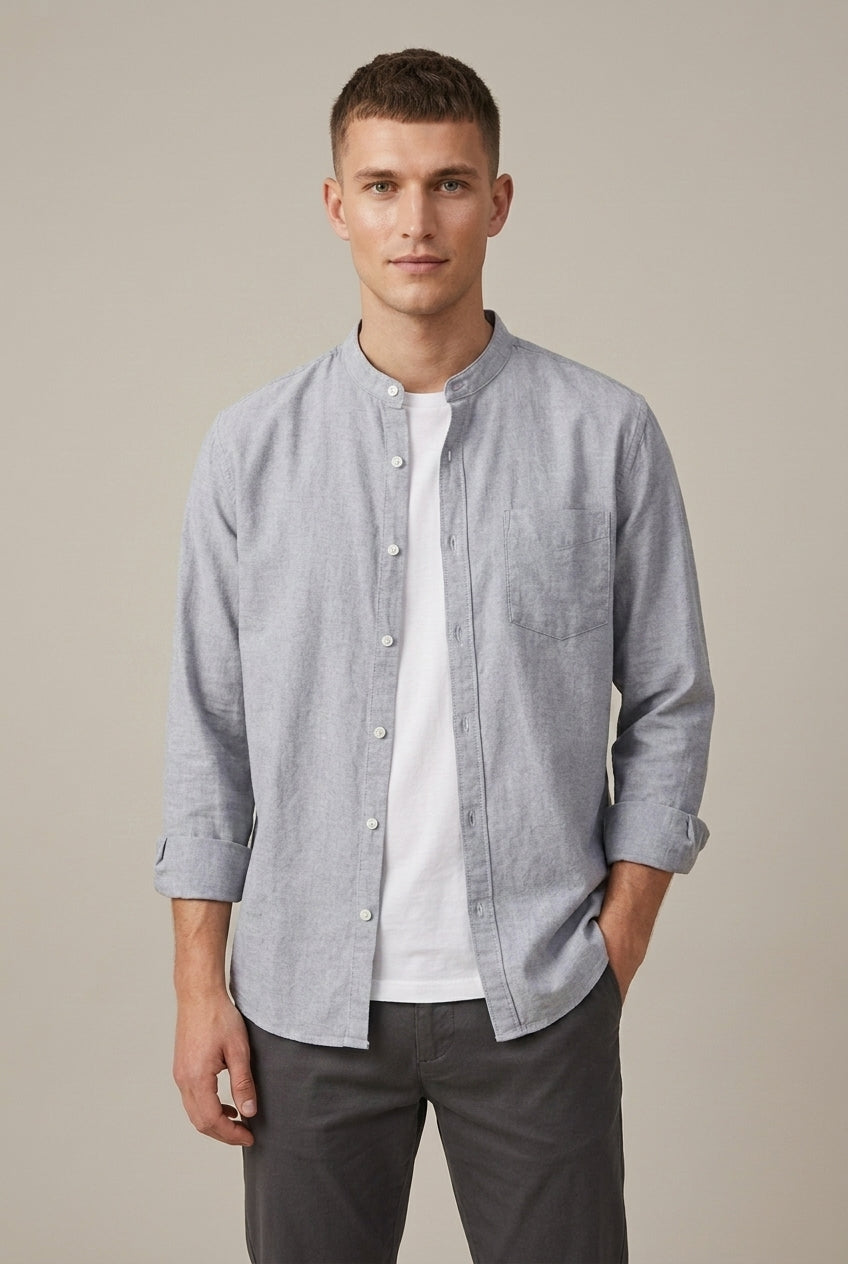 Chemise à manches longues en mélange de lin pour homme, col officier