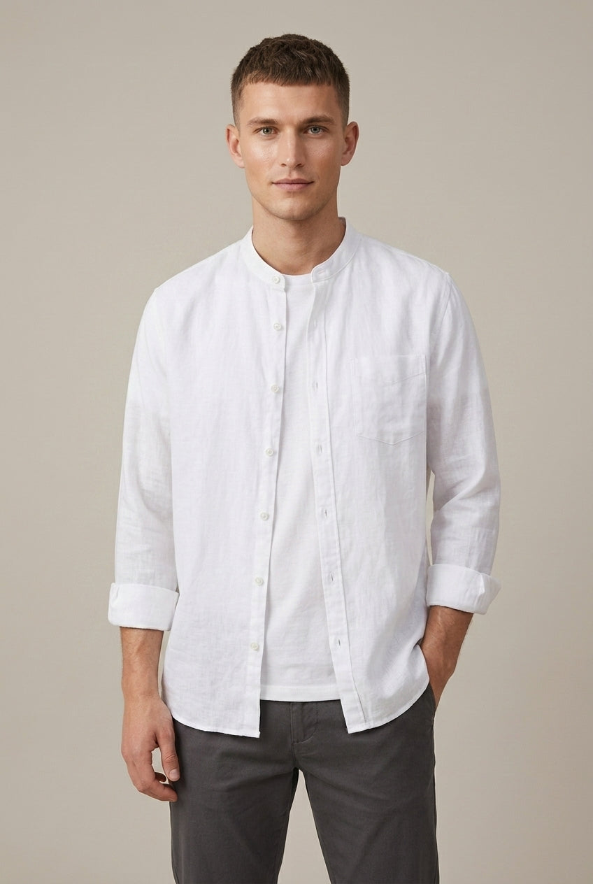 Chemise à manches longues en mélange de lin pour homme, col officier
