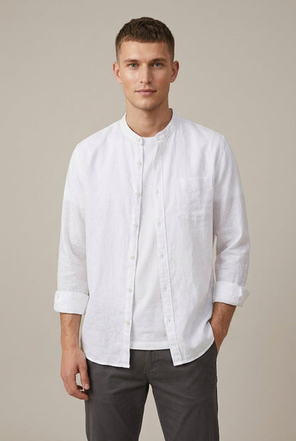 Chemise à manches longues en mélange de lin pour homme, col officier