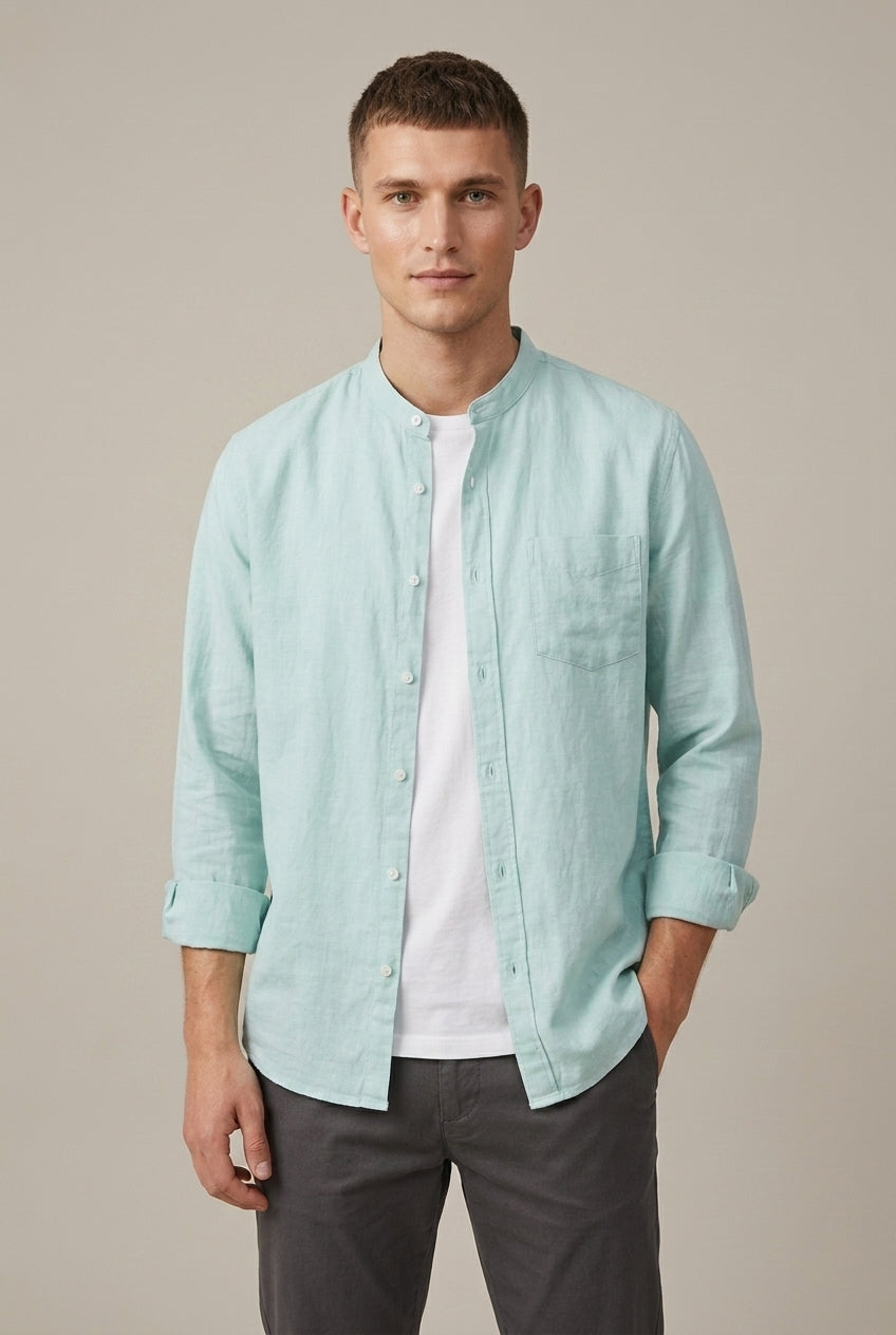 Chemise à manches longues en mélange de lin pour homme, col officier