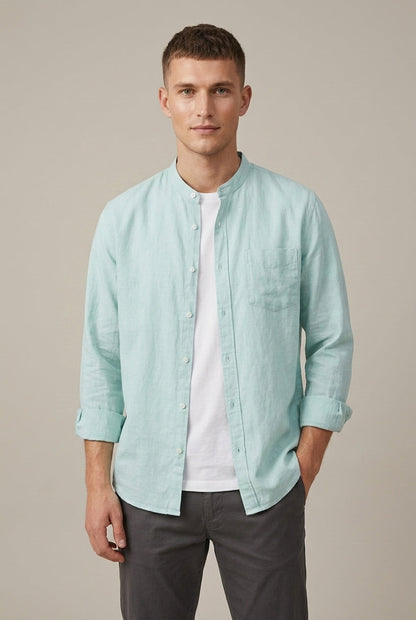 Chemise à manches longues en mélange de lin pour homme, col officier